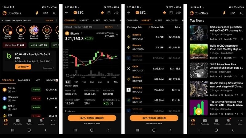A view of the CoinStats dashboard