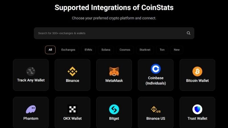 CoinStats integrating with various cryptocurrency exchanges and wallets