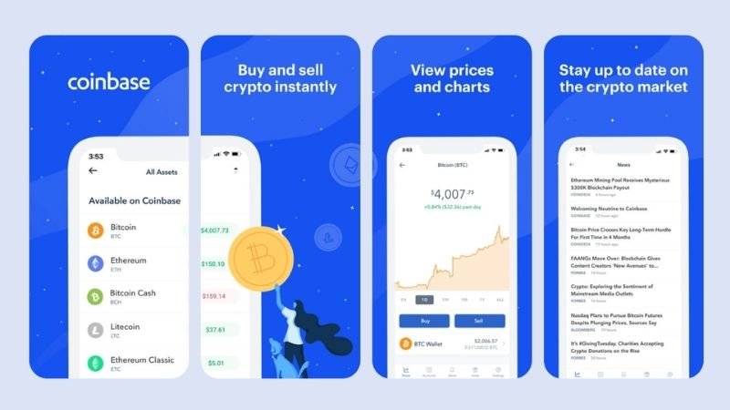 Coinbase app interface showing portfolio balance and cryptocurrency prices