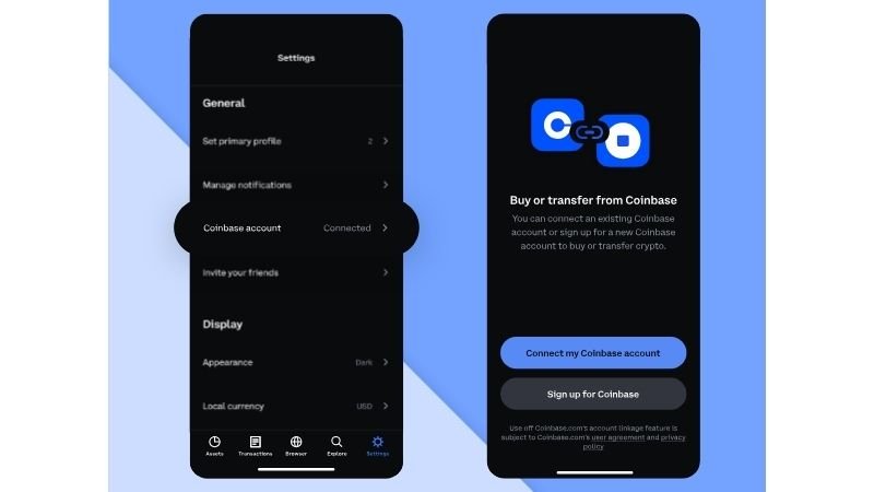 Coinbase interface showing wallet connection options