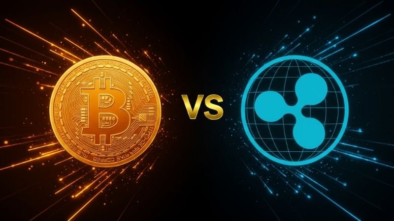 Ripple vs Bitcoin Comparison: Logos of Bitcoin and Ripple with a glowing VS symbol on a dark gradient background