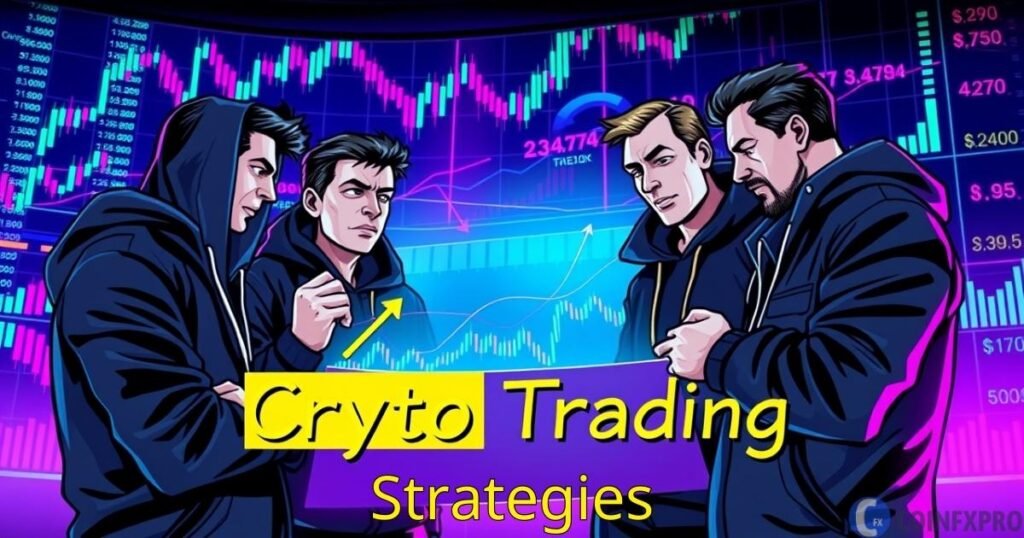 Group of traders analyzing cryptocurrency trading charts with the prominent text 'Crypto Trading Strategies,' illustrating profitable crypto trading techniques and insights.