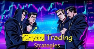 Group of traders analyzing cryptocurrency trading charts with the prominent text 'Crypto Trading Strategies,' illustrating profitable crypto trading techniques and insights.