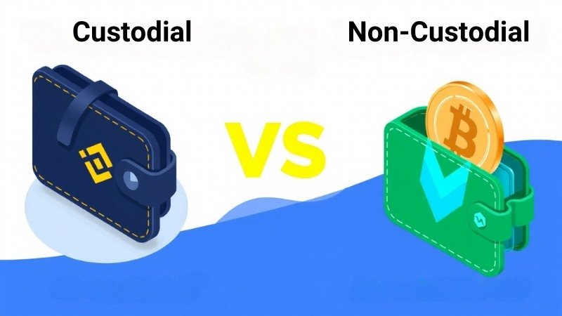 Custodial vs. Non-Custodial Wallets: A side-by-side comparison showing key differences in security, control, and privacy for crypto storage