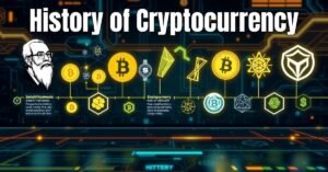 Illustration of the history of cryptocurrency featuring Bitcoin, blockchain, and financial evolution