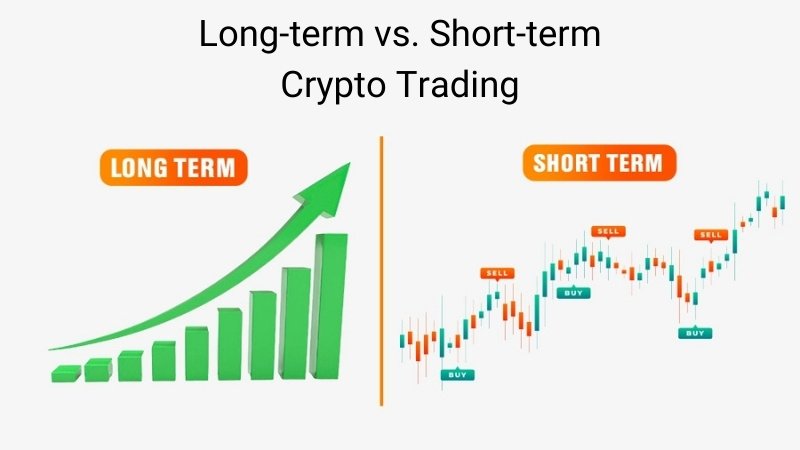 Comparison graph showing long-term vs short-term crypto trading strategies with price trends over timeframes.