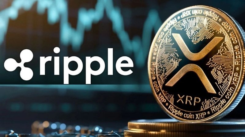 Ripple XRP cryptocurrency coin with blockchain and financial technology background