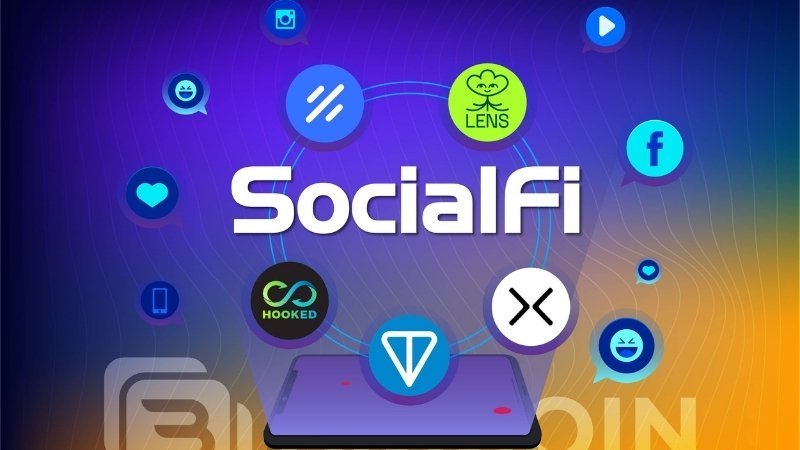 SocialFi (Social Finance) concept with blockchain-based social media icons and crypto logos on a digital background