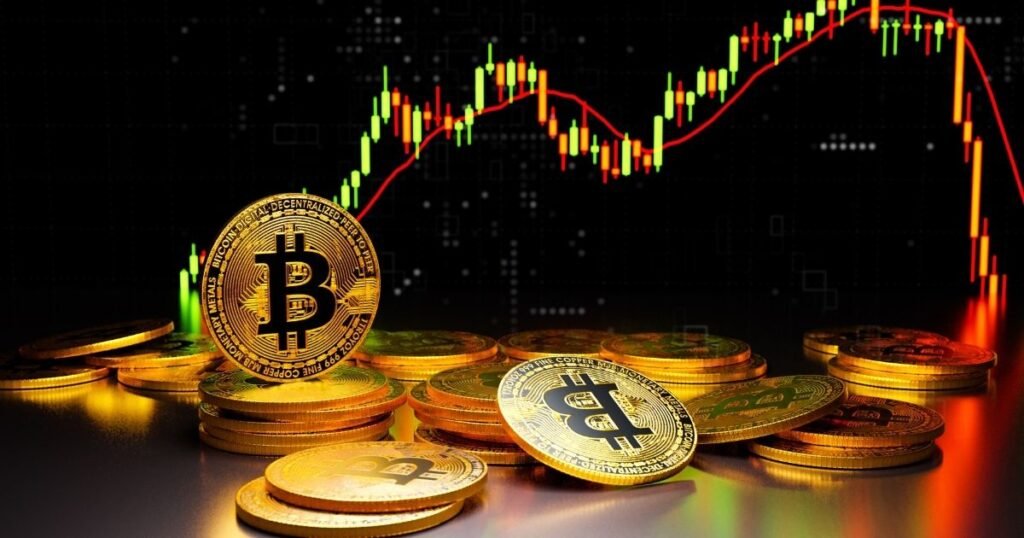 What Causes Crypto to Go Up and Down - Bitcoin coins with market chart showing cryptocurrency price volatility