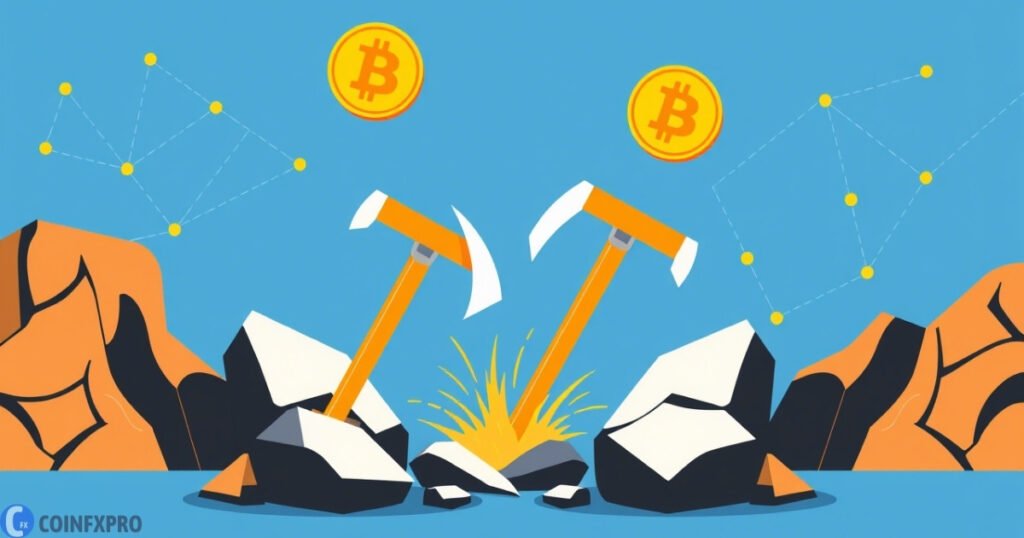 Illustration of crypto mining with pickaxes, Bitcoin coins, and blockchain network on a digital landscape