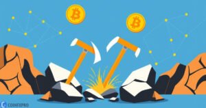 Illustration of crypto mining with pickaxes, Bitcoin coins, and blockchain network on a digital landscape