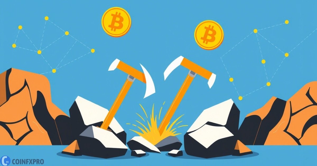 Illustration of crypto mining with pickaxes, Bitcoin coins, and blockchain network on a digital landscape