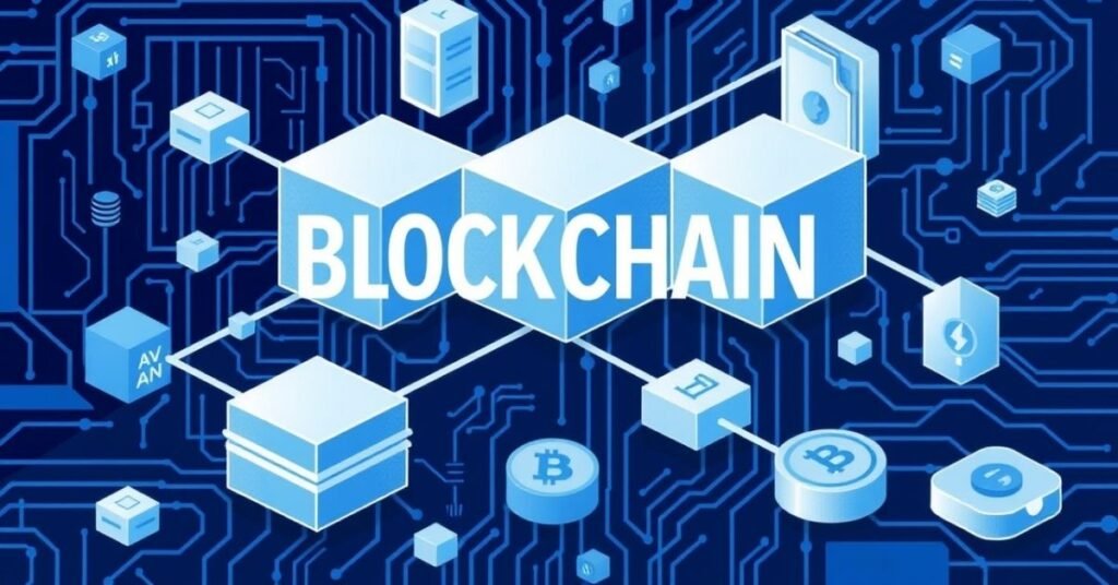 Blockchain technology concept illustration with decentralized network and digital ledger visuals