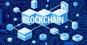 Blockchain technology concept illustration with decentralized network and digital ledger visuals