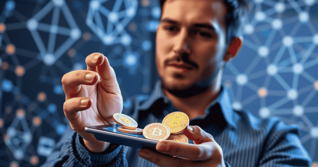 What is Token Holder? A man holding Bitcoin tokens over a smartphone with a blockchain network background