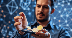 What is Token Holder? A man holding Bitcoin tokens over a smartphone with a blockchain network background